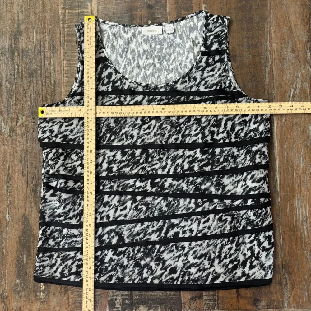 Chicos Black White Abstract Animal Print Tiered Ruffle Sleeveless Top (XL) 3 - Picture 4 of 9